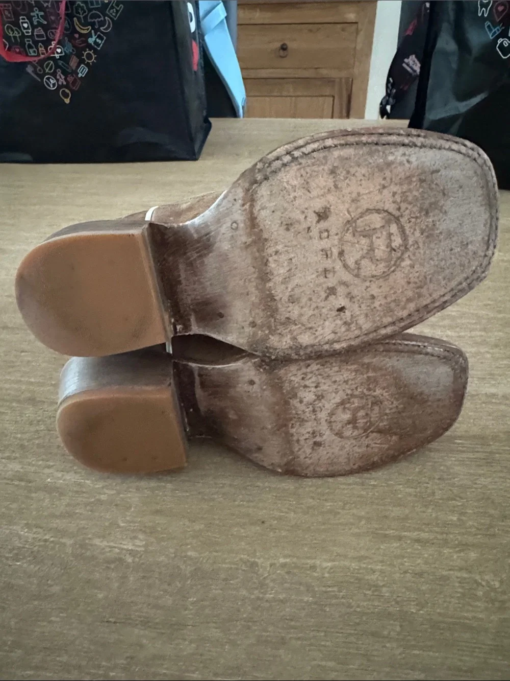 Roper Kids Brown Leather and Denim Pull-On Cowboy Boots with Pink Stitching